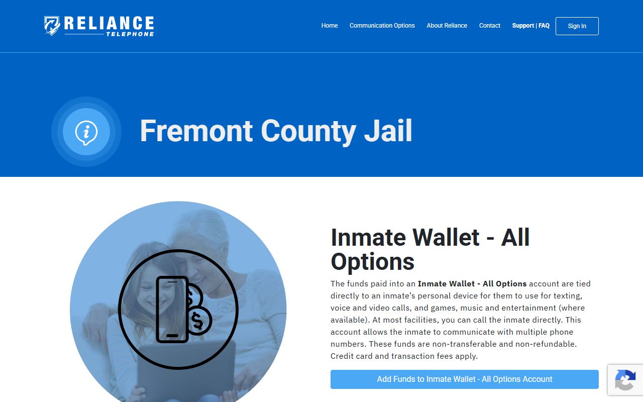Fremont County Jail Reliance Telephone inmate wallet and phone vendor page
